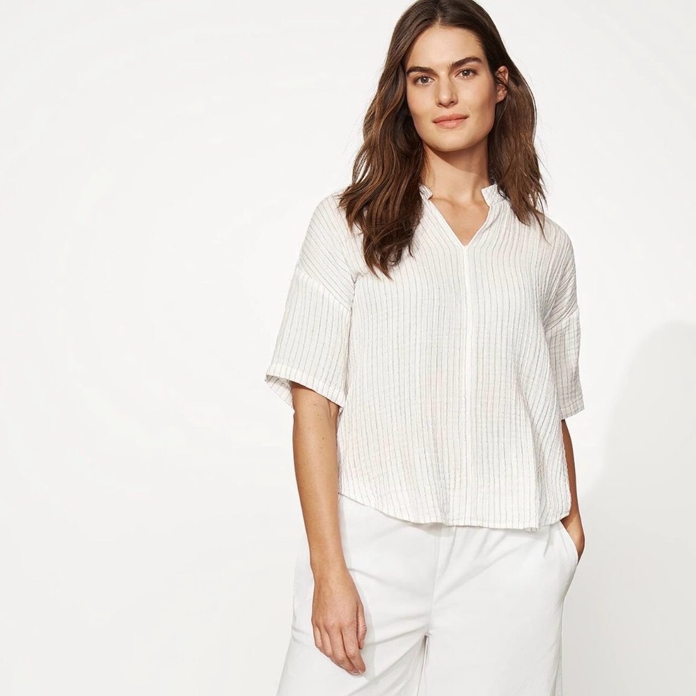 Eileen Fisher Organic Cotton Gauze‎ Striped Stand Boxy Fit Top Sz M